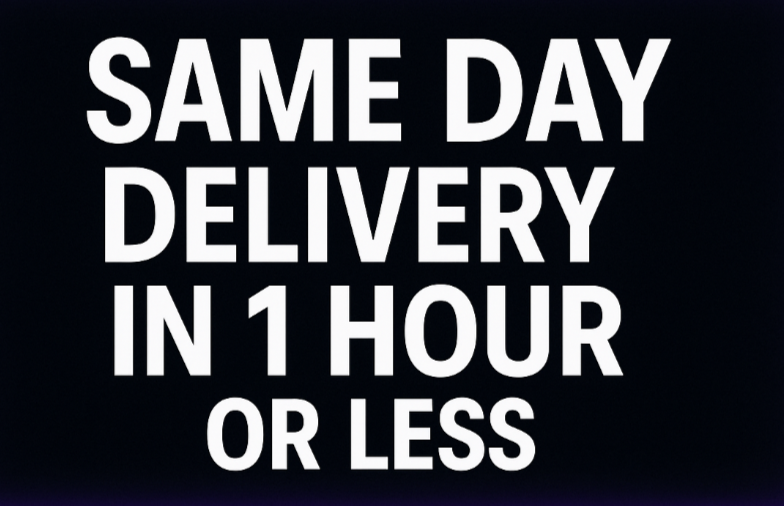 banner with black background with neon purple border and words that read Same Day Delivery in 1 Hour or Less